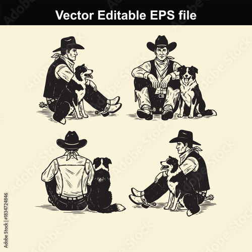 vector editable eps file featuring four illustrations of a cowboy sitting with his border collie dog from different angles, presented in a vintage black and white style
