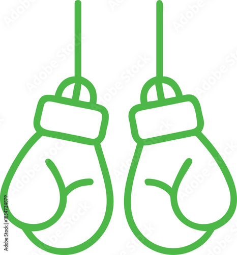 Boxing glove icon green outline hanging pair sports equipment simple line art isolated on transparent background symbol of competition fitness and training