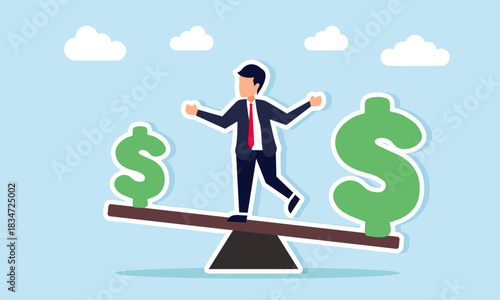 Businessman standing on a seesaw with big and small dollar symbols illustrating the decision making process in choosing business projects based on profit