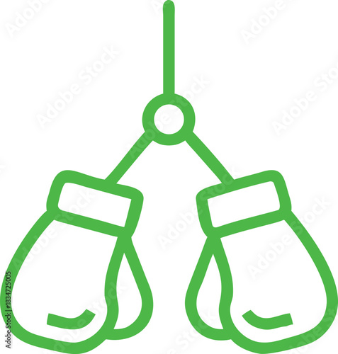 Boxing glove icon green outline hanging on string symbolizing sport competition fitness and training suitable for gym martial arts or athletic concepts