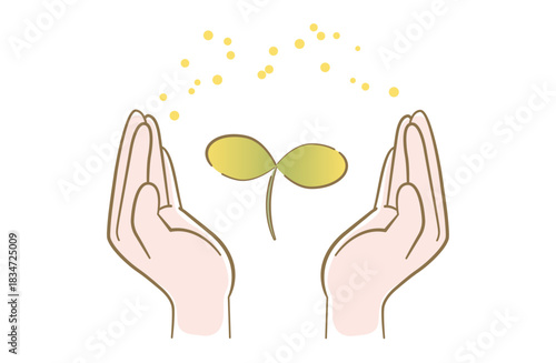両手で新芽を包み込んで保護しているイメージの線画イラスト