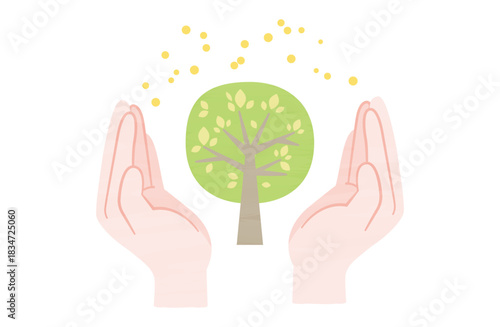 両手で緑の木を包み込んで保護しているイメージイラスト