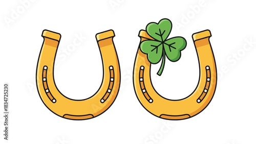 Lucky Irish symbols of a golden horseshoe and a vibrant green shamrock on a clean white background
