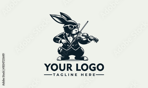 Rabbit playing violin vector logo illustration