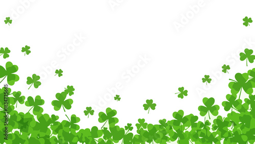 Vibrant green clovers gracefully scatter and cluster, forming a festive border on a clean white background, symbolizing luck and nature's charm