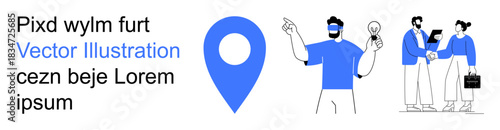 Navigation, teamwork, collaboration, ideas, brainstorming, corporate identity. Blue location pin and professionals sharing ideas. Navigation and teamwork concepts portrayed creatively