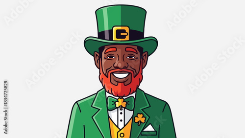 Cartoon illustration of a smiling black man with a green leprechaun hat, coat, and a red beard