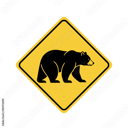 Yellow diamond warning sign featuring a black bear silhouette, minimalistic vector design
