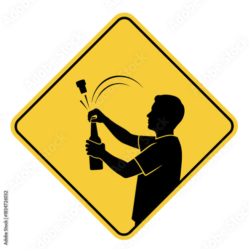 Minimalistic yellow diamond warning sign featuring a person opening a bottle with a flying cork
