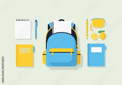 A top-down illustration of a blue backpack open with school supplies and food items arranged around it.