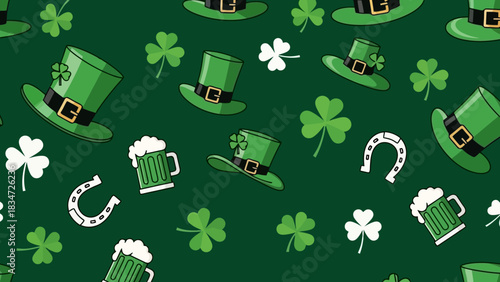 A festive seamless pattern celebrating Saint Patrick's Day with cartoon leprechaun hats, shamrocks, and beer mugs on a green background