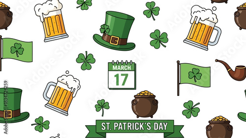 A vibrant seamless background celebrating Irish heritage with cartoon icons of beer, shamrocks, and pots of gold for March 17th