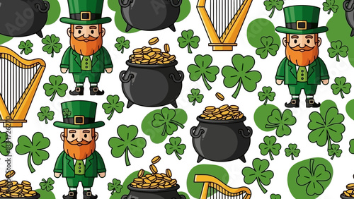 Vibrant seamless pattern for Saint Patrick's Day featuring cartoon leprechauns, pots of gold, lucky shamrocks, and harps