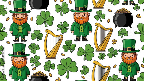 Vibrant seamless pattern for Saint Patrick's Day featuring cartoon leprechauns, pots of gold, lucky shamrocks, and harps