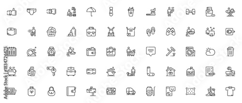 Daily Routine Objects & Actions icon set. Vector illstration. Includes symbolsfor like, coffee, shopping work, sleep, cleaning, alrm clock, wallet and more.