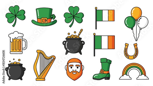 St. Patrick's Day vector icons. Features traditional Irish symbols shamrocks, leprechaun hats, pots of gold, flags, beer mugs, and harps for festive designs