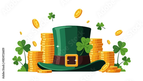 St Patrick's Day Illustration Leprechaun Hat with Coins and Clovers