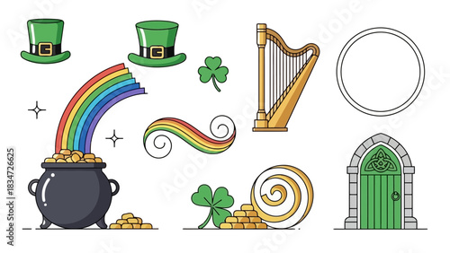 Charming Set of Irish-Inspired Elements for Festive Occasions Featuring Lucky Shamrocks, Pot of Gold, Leprechaun Hats, and Golden Harp Illustrations