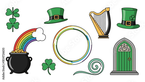 Festive array of decorative illustrations capturing the spirit of a lucky holiday, showcasing green top hats, clovers, a magical rainbow with gold, and an ancient harp