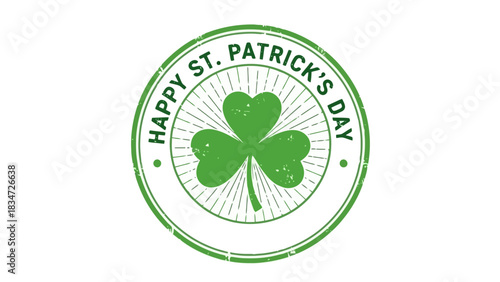 Vintage St. Patrick's Day celebration emblem with a green shamrock design. Grunge style rubber stamp seal for Irish holiday greeting