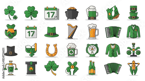 Collection of Festive Icons for Saint Patrick's Day Celebrations and Irish Heritage