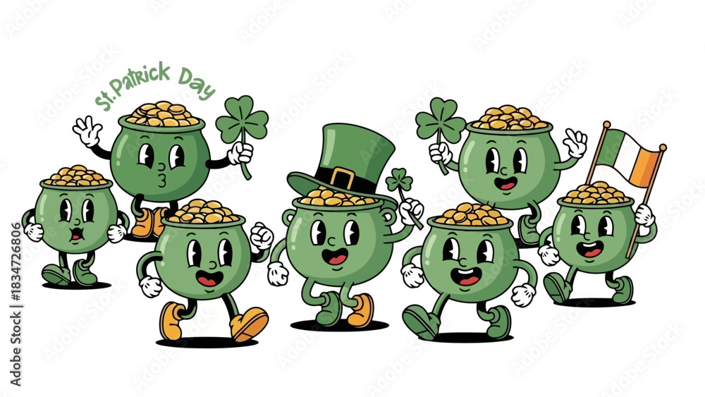 Obraz premium Joyful animated pot of gold characters with shamrocks and an Irish flag celebrating a lively cultural festival