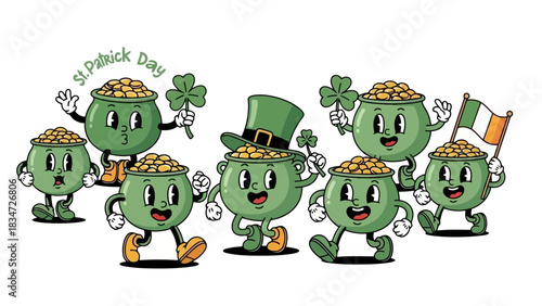 Joyful animated pot of gold characters with shamrocks and an Irish flag celebrating a lively cultural festival
