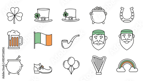 Saint Patrick's Day Icon Set Shamrock, Leprechaun, and Festive Symbols for Celebrations and Designs