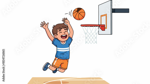 A joyful cartoon boy leaps to shoot a basketball towards a hoop and net.