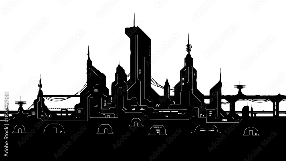 Fototapeta premium Futuristic cityscape silhouette with unique architecture