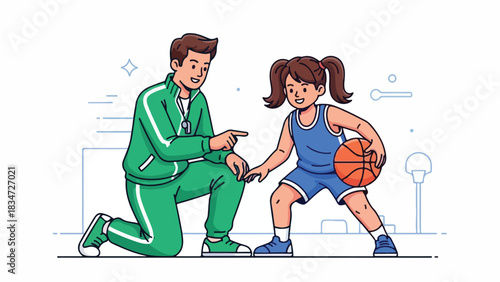 A basketball coach instructing a young girl on dribbling techniques during a practice session.