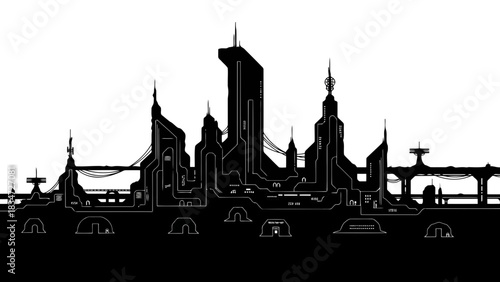 Futuristic cityscape silhouette with unique architecture