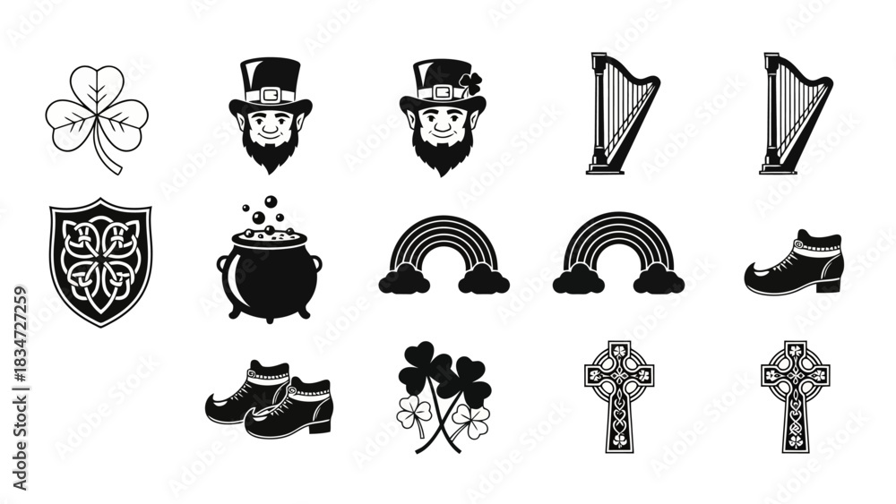 Naklejka premium Collection of Irish-themed Icons Shamrock, Leprechaun, Harp, and More for Design