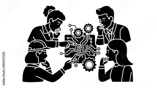 Diverse team collaborating on a complex technological circuit board design