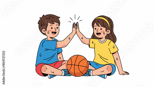Cartoon illustration of a boy and girl sitting cross-legged, giving a high five with a basketball between them.