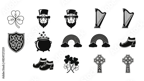 Collection of Irish-themed Icons Shamrock, Leprechaun, Harp, and More for Design