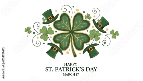 St. Patrick's Day clover with green hats, swirls and Happy St