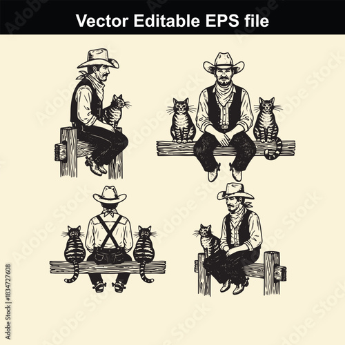 vector editable eps file featuring four vintage style cowboys sitting on wooden fences with their pet cat companions in a detailed black and white illustration