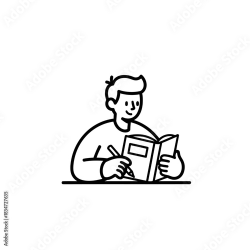 Man reading a book with a pencil in hand, sitting in a simple environment