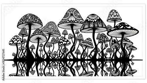 Intricate black and white mushroom illustration with reflective base