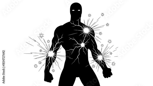 Silhouette of a man with energy bursts and lightning cracks