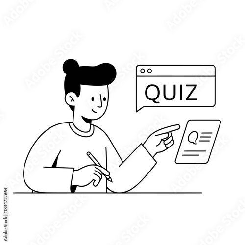 Person taking a quiz on a computer with a thoughtful expression