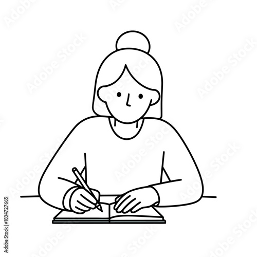 A woman drawing in a notebook with a pencil from a frontal viewpoint