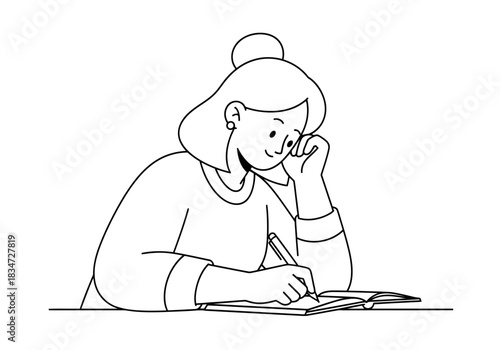 A young woman deeply focused on writing in her notebook with a pencil, lost in thought, from a close-up viewpoint.