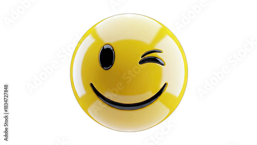 Glossy Yellow Smiley Face Emoji Winking with a Happy Smile Against a Black Background with Subtle Light Reflections