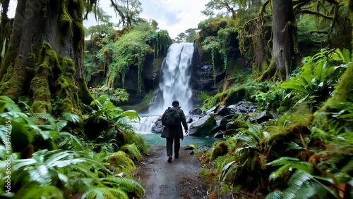 Wallpaper Mural A lone adventurer hikes through a lush, green rainforest towards a majestic waterfall, surrounded by vibrant foliage and towering moss-covered trees, capturing the essence of natures untouched beauty. Torontodigital.ca