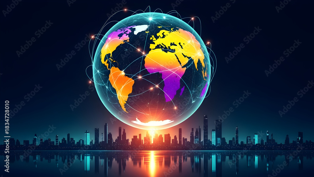 © Md. Al Amin Jony - Global connectivity and technology over cityscape with world map © Md. Al Amin Jony - Global connectivity and technology over cityscape with world map