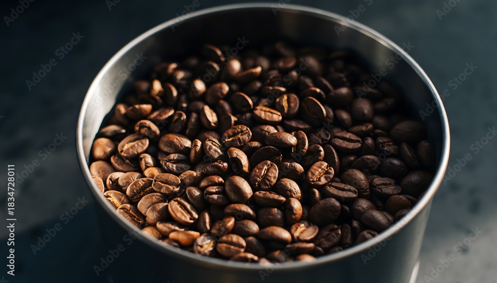 Fototapeta premium Roasted Coffee Beans A Close-Up View Inside a Metal Container with Dramatic Lighting
