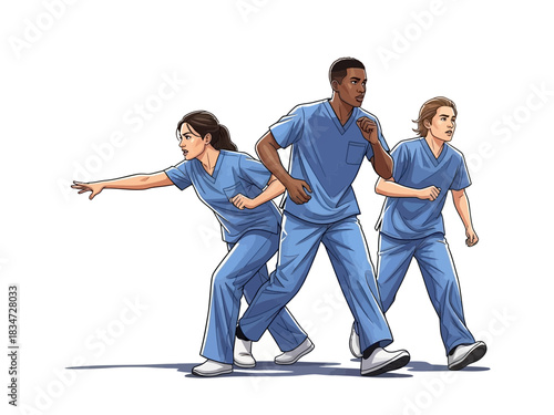 Medical professionals in blue scrubs running together in a coordinated manner