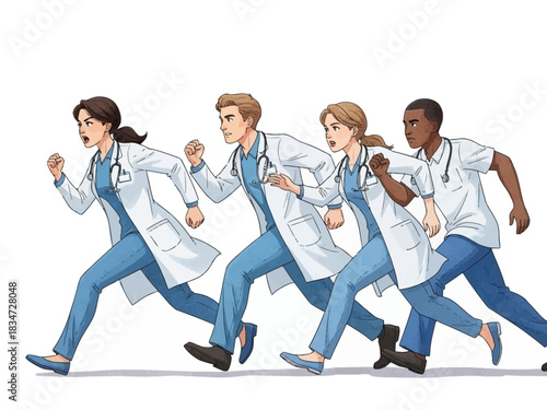 Medical professionals in uniform running urgently, representing dedication and response